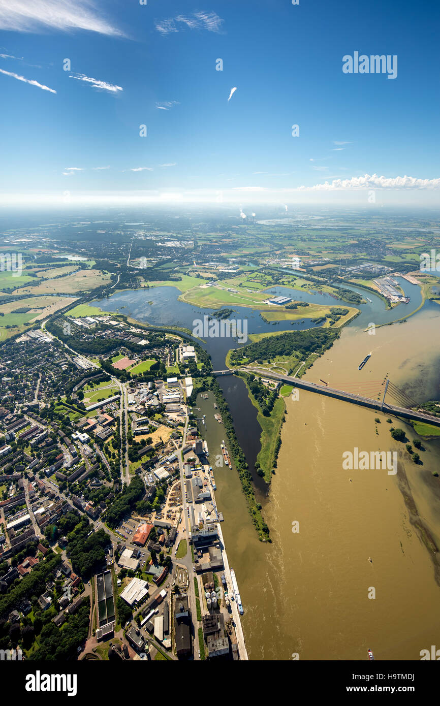 Luftaufnahme, die Rhein-Flut an der Mündung der Lippe, Rheinbrücke, Rekonstruktion der Lippe Wesel, Niederrhein Stockfoto