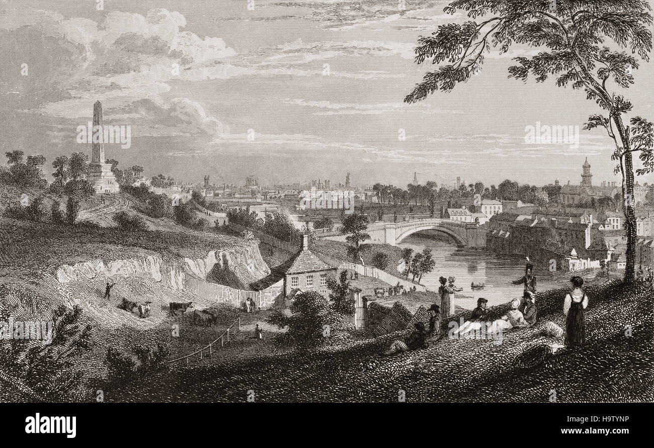 19. Jahrhundert-Blick auf den Phoenix Park zeigt das Wellington Monument und Insel-Brücke (Vortag Sarahs Brücke) über den Fluss Liffey, Stadt Dublin, Irland Stockfoto