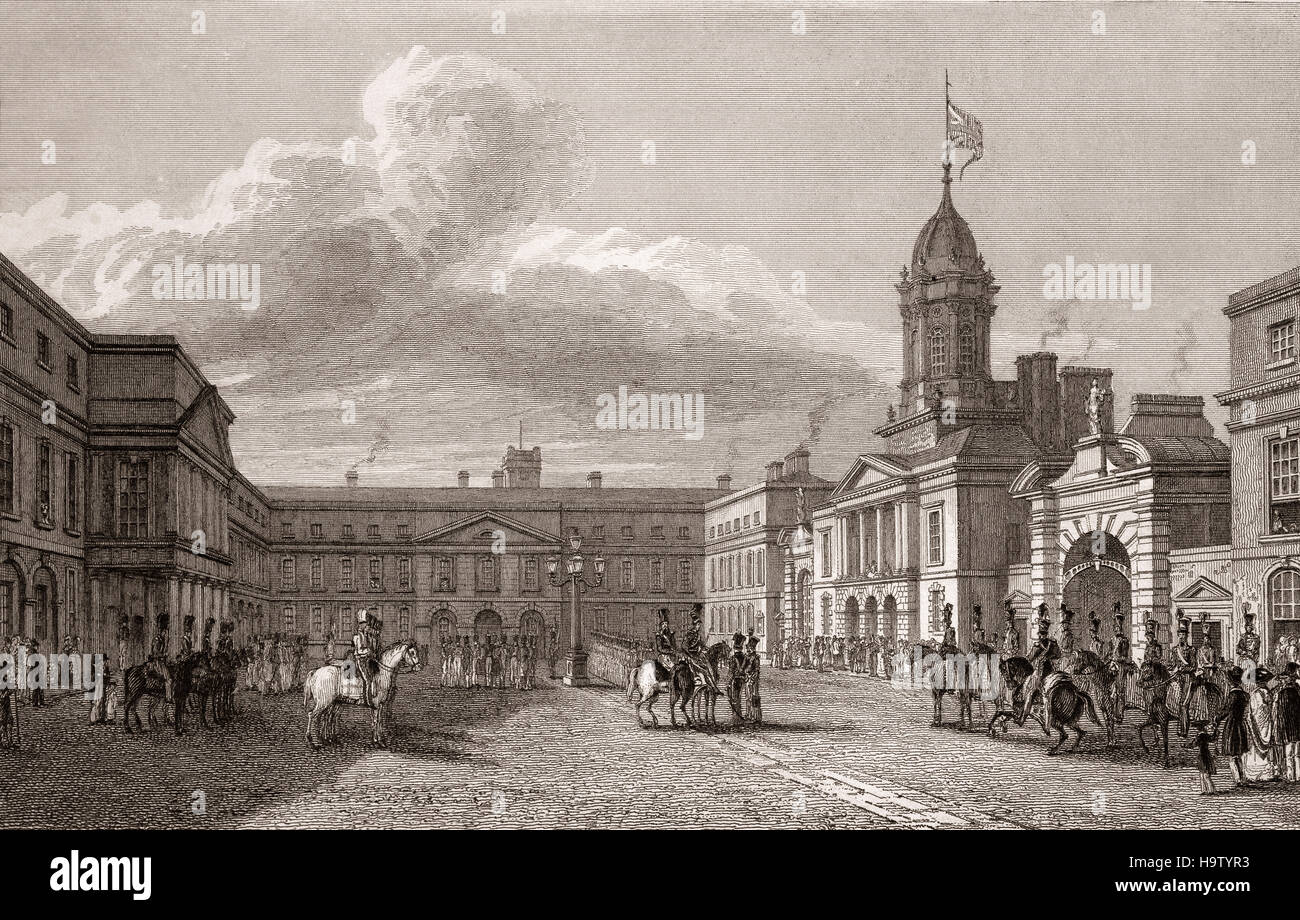 19. Jahrhundert-Blick auf den großen Innenhof in Dublin Castle, dem Sitz der Regierung des Vereinigten Königreichs Verwaltung in Irland bis 1922, Stadt Dublin, Irland Stockfoto