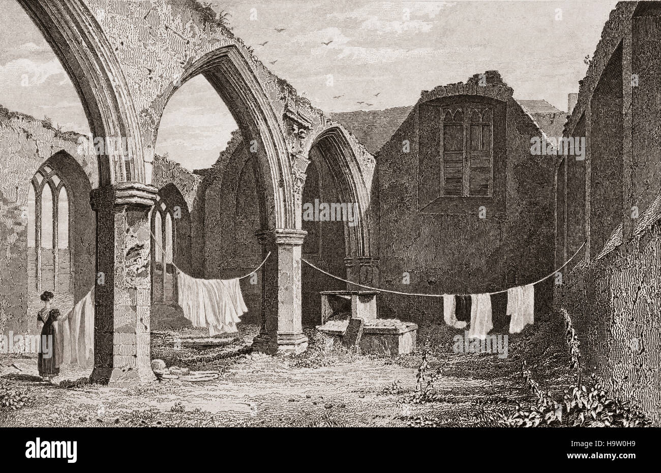 Ansicht des 19. Jahrhunderts Teil der Ruinen von Herrn Portlester die Kapelle St Audoen, die älteste Pfarrkirche in Dublin. Im späten 20. Jahrhundert wurde die Kirche neu überdacht und in ein Besucherzentrum Rezeption umgewandelt, während Portlesters Kapelle zu den Elementen geöffnet gelassen wurde.  Das Datum seiner Gründung ist unbekannt, aber sicherlich gab es vor der Ankunft der Engländer, und war an den Schatzmeister der Kathedrale St. Patrick, von Erzbischof Henry de Loundres, im Jahre 1213, Stadt Dublin, Irland angeeignet Stockfoto