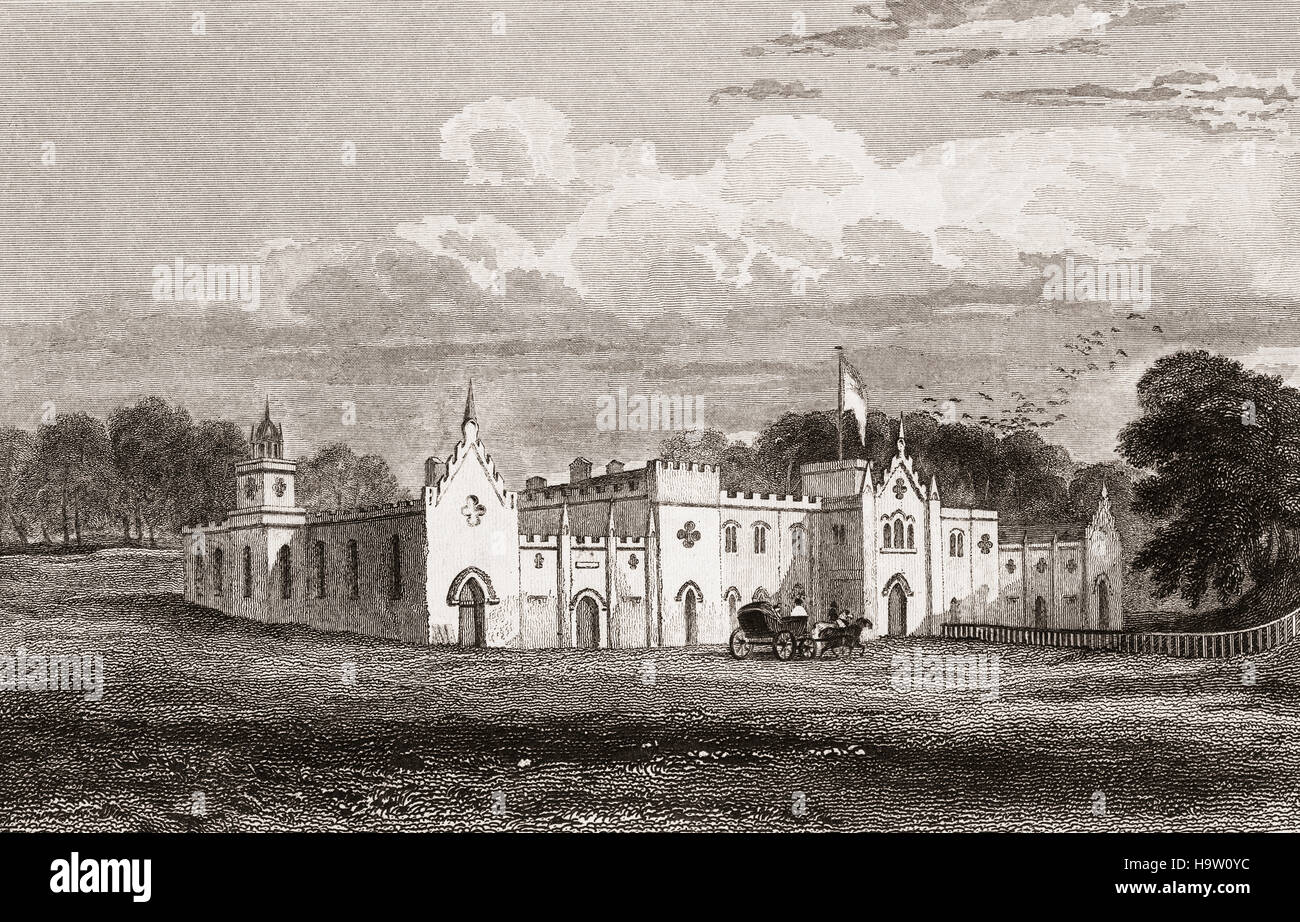 19. Jahrhundert-Ansicht von Jenkinstown Burg, Ballyragget, Grafschaft Kilkenny, ein Anfang des 19. Jahrhunderts Haus in "Pappe Gothic", dem traditionellen Palladios Plan des Centre Block Flügel durch einstöckige Links verbunden. Das Haus wurde gebaut für Major George Bryan für die Gestaltung von William Robertson.Ireland Stockfoto