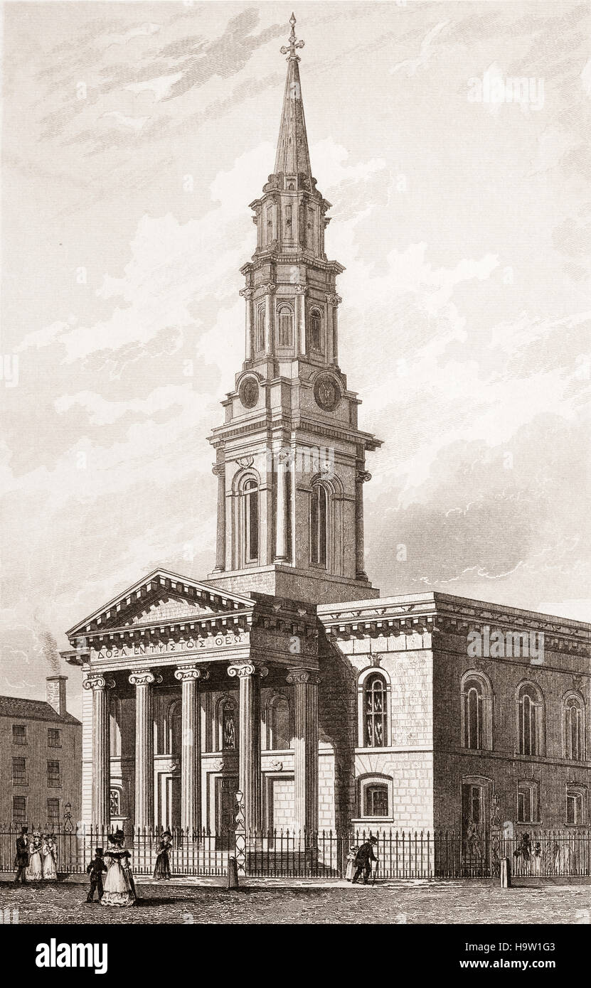19. Jahrhundert Blick auf St.-Georgs Kirche, eines der letzten Bauwerke ergänzt durch den berühmten Architekten Francis Johnston im Jahr 1814 und gilt als eines seiner besten Werke. Hardwicke Street, Dublin City, Irland Stockfoto