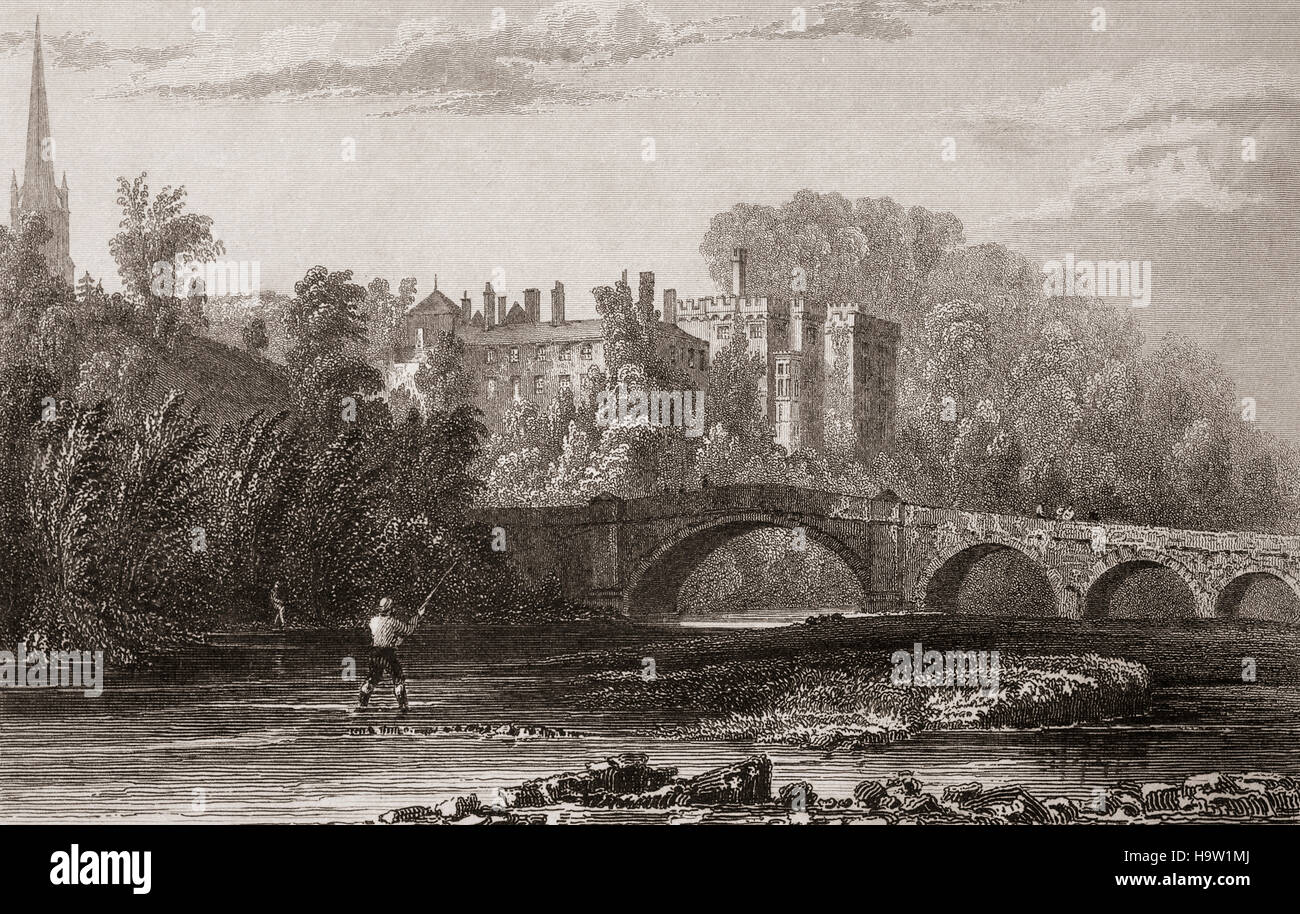 19. Jahrhundert Blick auf Lismore Castle. Oberhalb des Flusses Suir, ist es die irische Heimat des Herzogs von Devonshire, Sir Walter Raleigh und den Grafen von Desmond zuvor gehört. Es wurde später im gotischen Stil im neunzehnten Jahrhundert von Sir Joseph Paxton für William Cavendish, 6. Duke of Devonshire wieder aufgebaut. Lismore, Grafschaft Waterford, Irland. Stockfoto
