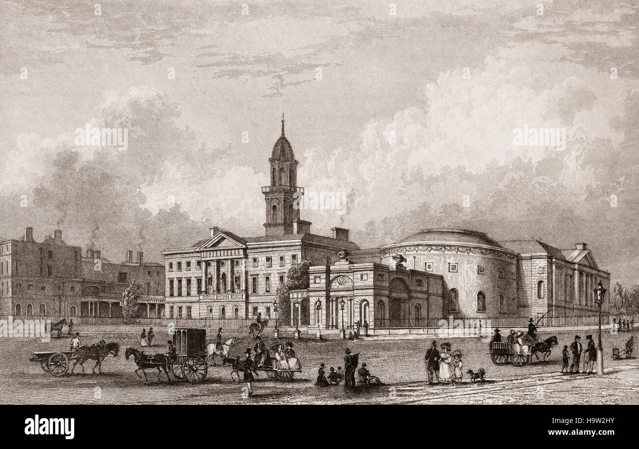 19. Jahrhundert Blick auf "The Hirten-Hospital", gegründet im Jahre 1745 von Bartholomew Mosse, Chirurg und Mann-Hebamme. Die Mutterschaft Ausbildung Krankenhaus, ist jetzt genannt The Rotunda, Parnell Square, Dublin City, Irland Stockfoto