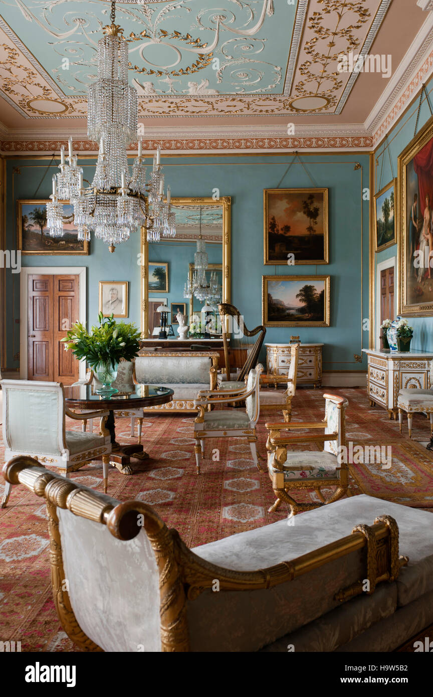 Der Salon im Attingham Park, Shropshire. Die Zimmer in den 1780er Jahren entwickelt wurde, aber die blaue Farbgebung wurde im frühen 19. Jahrhundert eingeführt Stockfoto