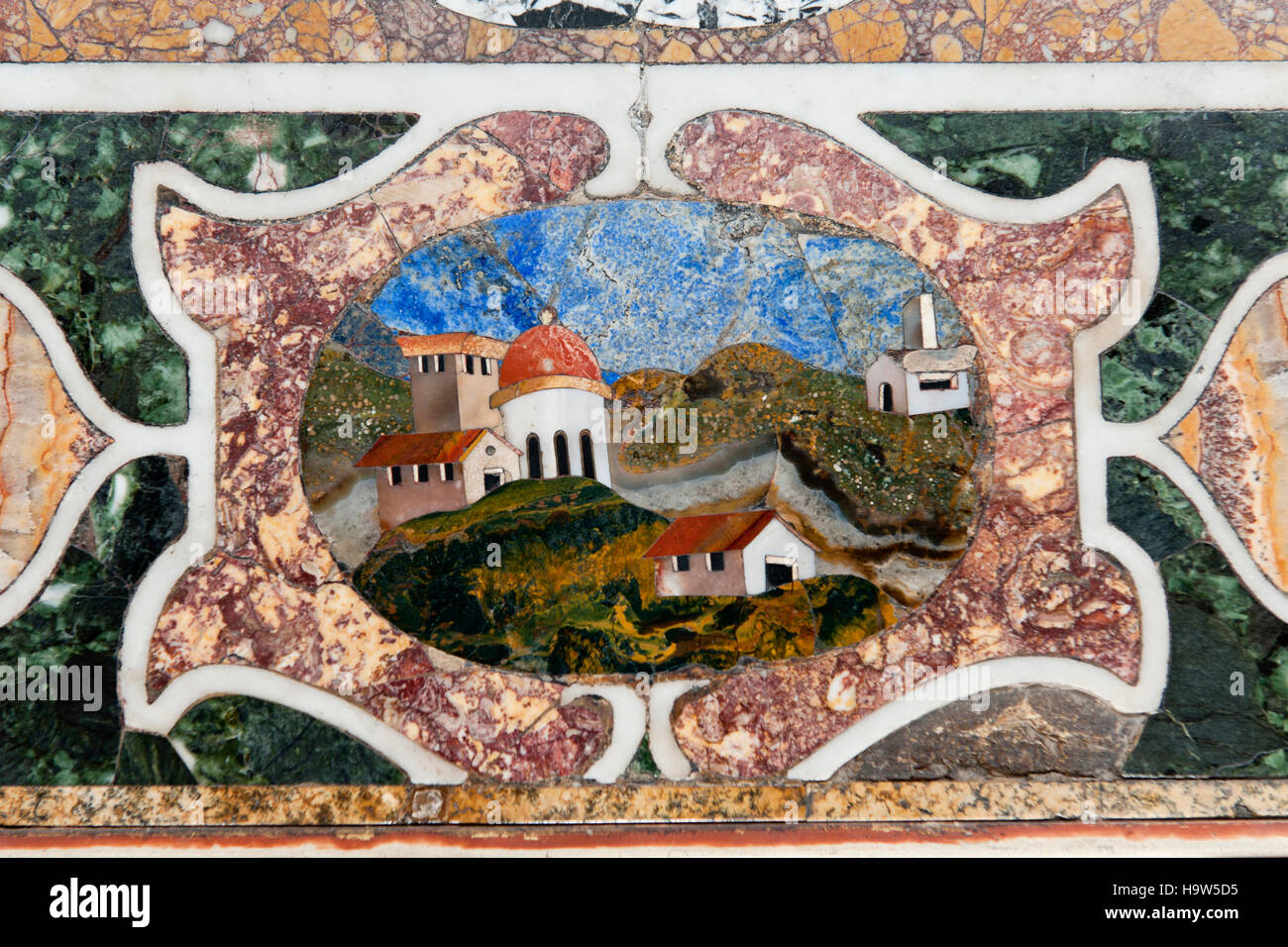 Detail der Top-Marmor-Mosaik einer italienischen Tabelle in der Bildergalerie an Attingham Park, Shropshire. Stockfoto