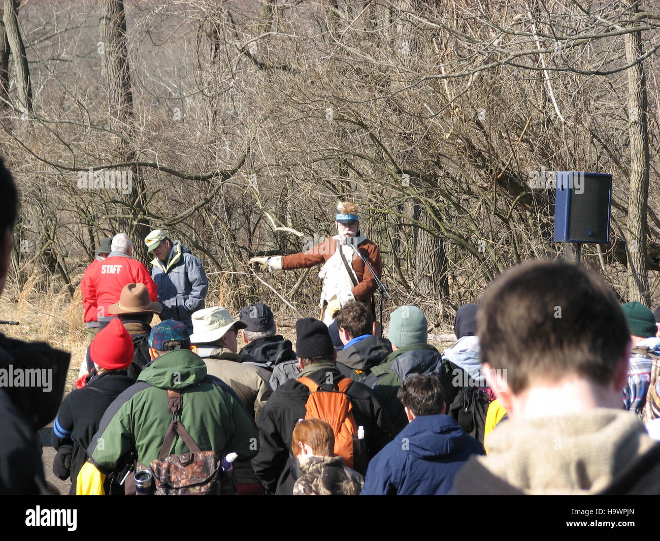 Die Kavallerie, die im Valley Forge National Park dargestellt wird, repräsentiert historische militärische Aspekte der Geschichte des Amerikanischen Unabhängigkeitskrieges und die Rolle der Soldaten in Nationalparks. Stockfoto