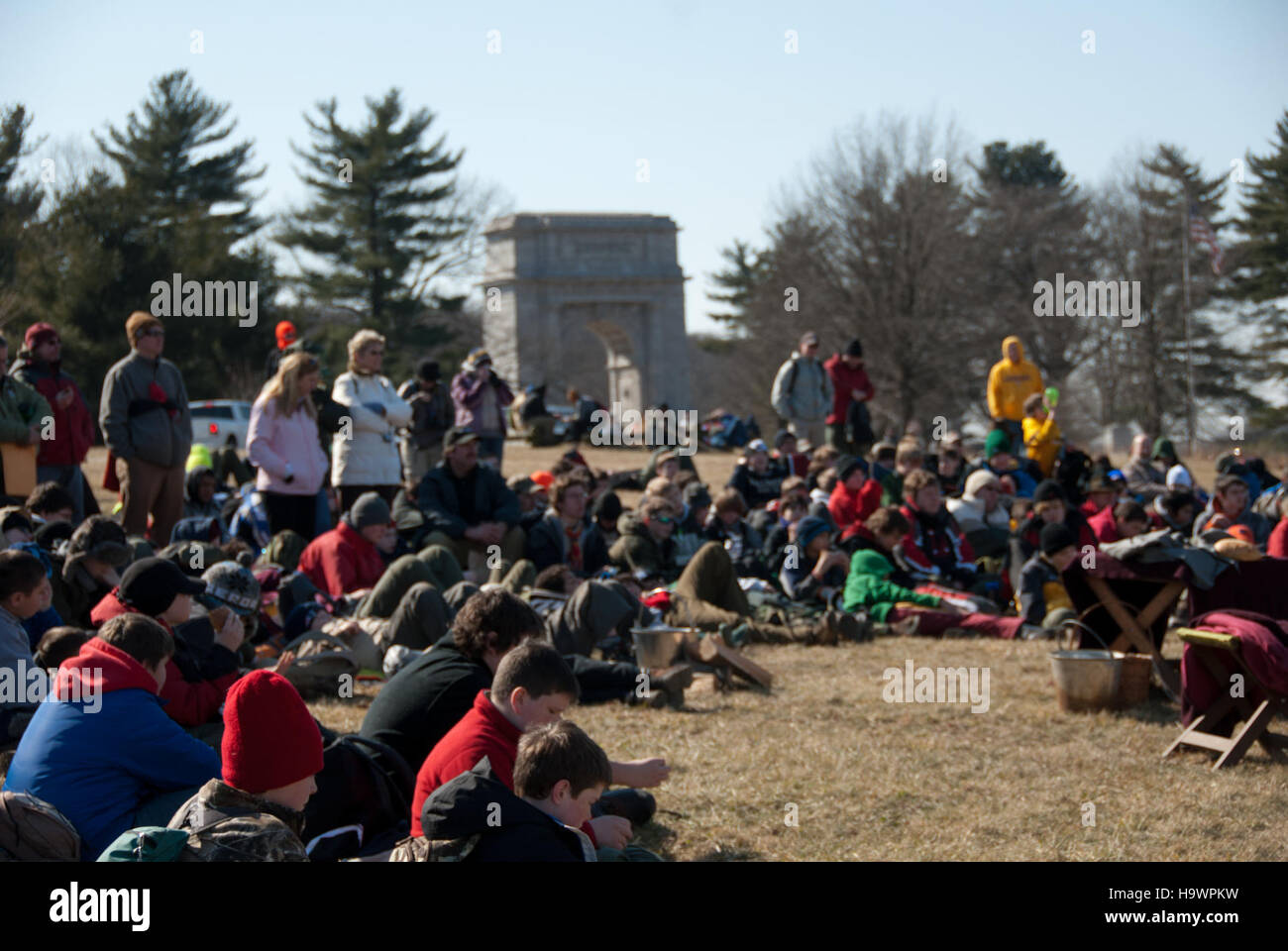 Die Camp Follower Presentation im Valley Forge National Historical Park erinnert an die Rolle der Zivilisten, die die Kontinentalarmee während der Amerikanischen Revolution unterstützten. Stockfoto