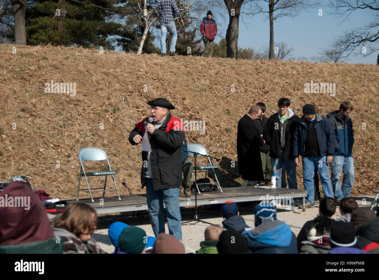 Eine historische Nachstellung im Valley Forge National Park, die die Führung von George Washington während der Amerikanischen Revolution zeigt. Stockfoto