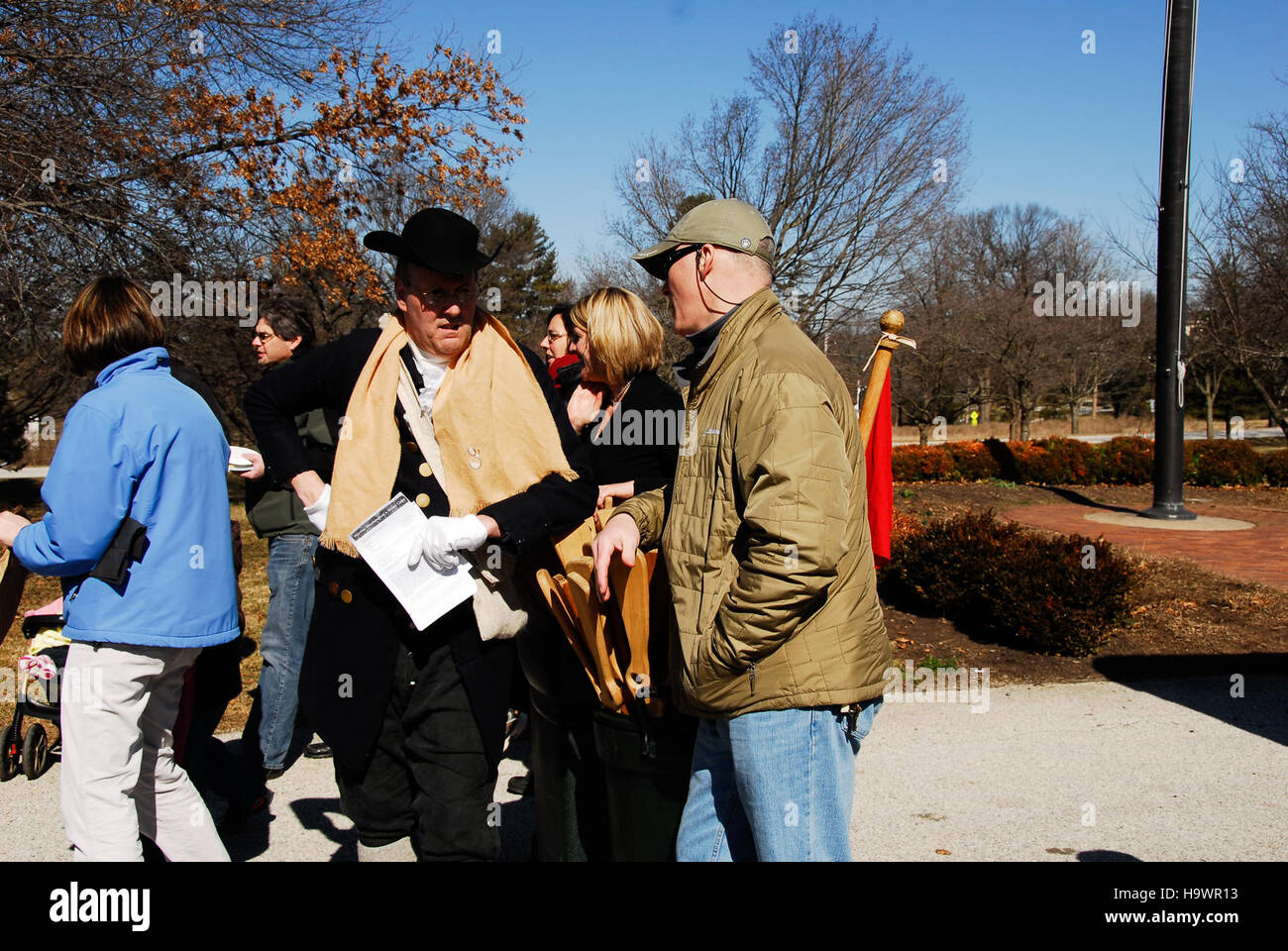 Washingtons Geburtstagsparty im Valley Forge National Historical Park, ein historisches Ereignis zum Gedenken an George Washington und seine Rolle in der amerikanischen Geschichte während des Unabhängigkeitskriegs. Stockfoto