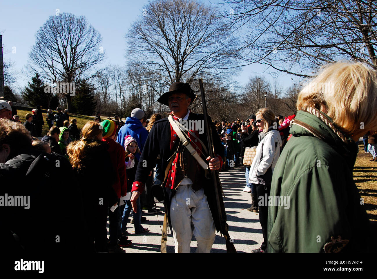 Der Valley Forge National Historical Park erinnert an George Washingtons Geburtstag mit einer Veranstaltung, die die historische Bedeutung seiner Führung während der Amerikanischen Revolution unterstreicht. Die Feier umfasst Bildungsprogramme und Nachstellungen. Stockfoto