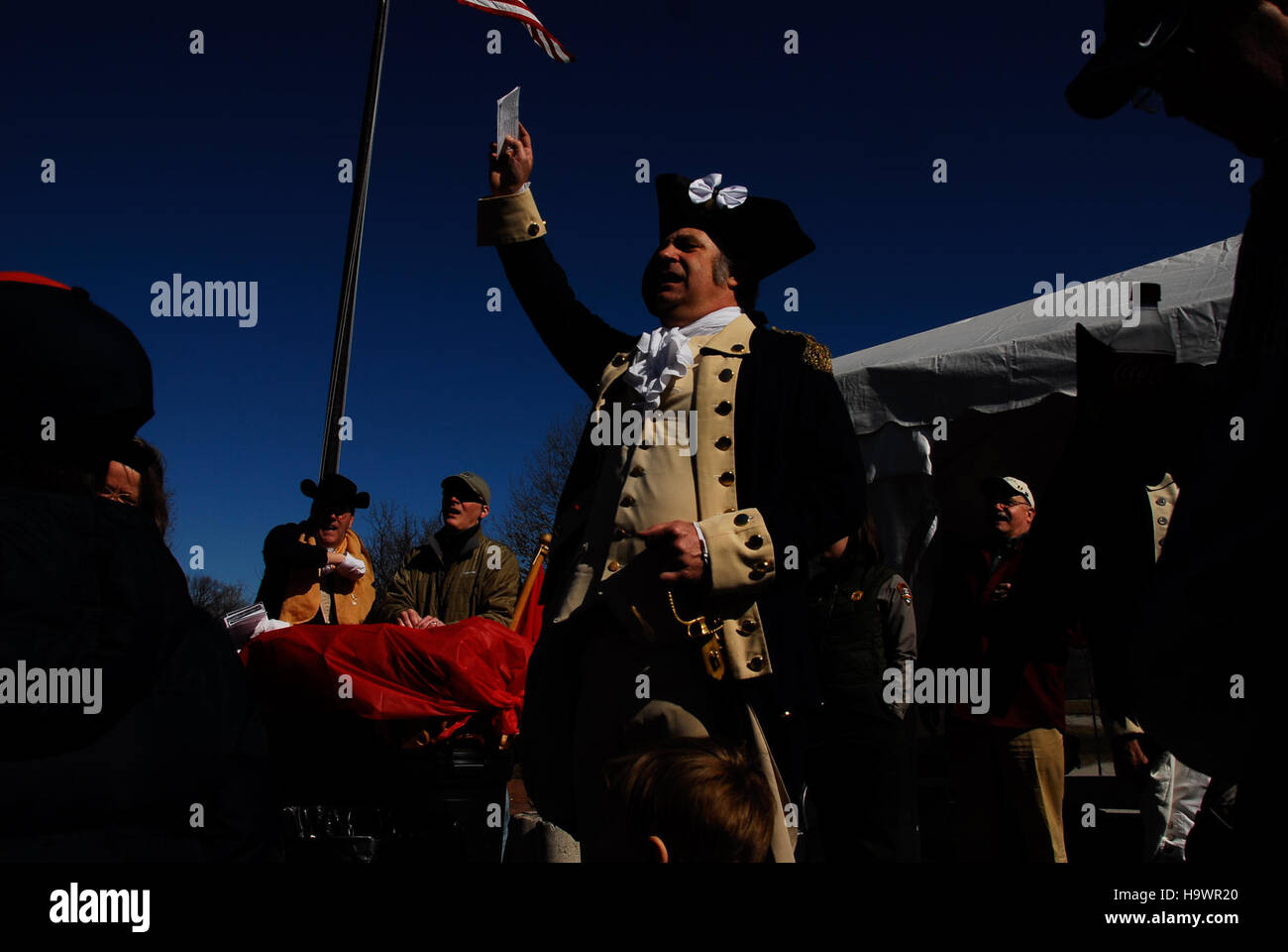 Washingtons Geburtstagsparty im Valley Forge National Historical Park feiert den historischen Geburtstag George Washingtons mit verschiedenen Veranstaltungen und ehrt den ersten Präsidenten des Landes. Stockfoto