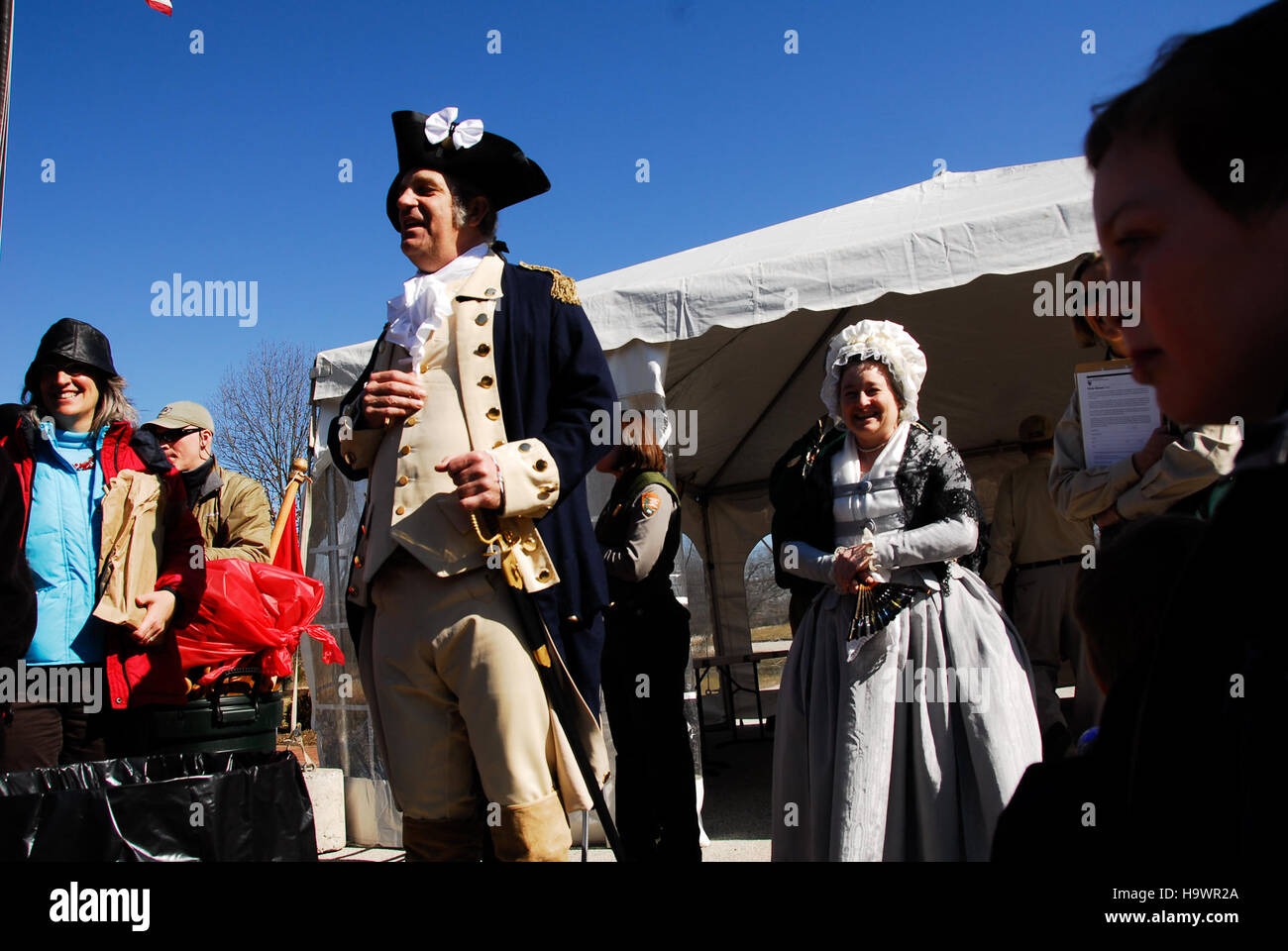 Der Valley Forge National Park feiert George Washingtons Geburtstag mit historischen Nachstellungen und Bildungsveranstaltungen, die die Bedeutung von Washingtons Führung während der Amerikanischen Revolution widerspiegeln. Stockfoto