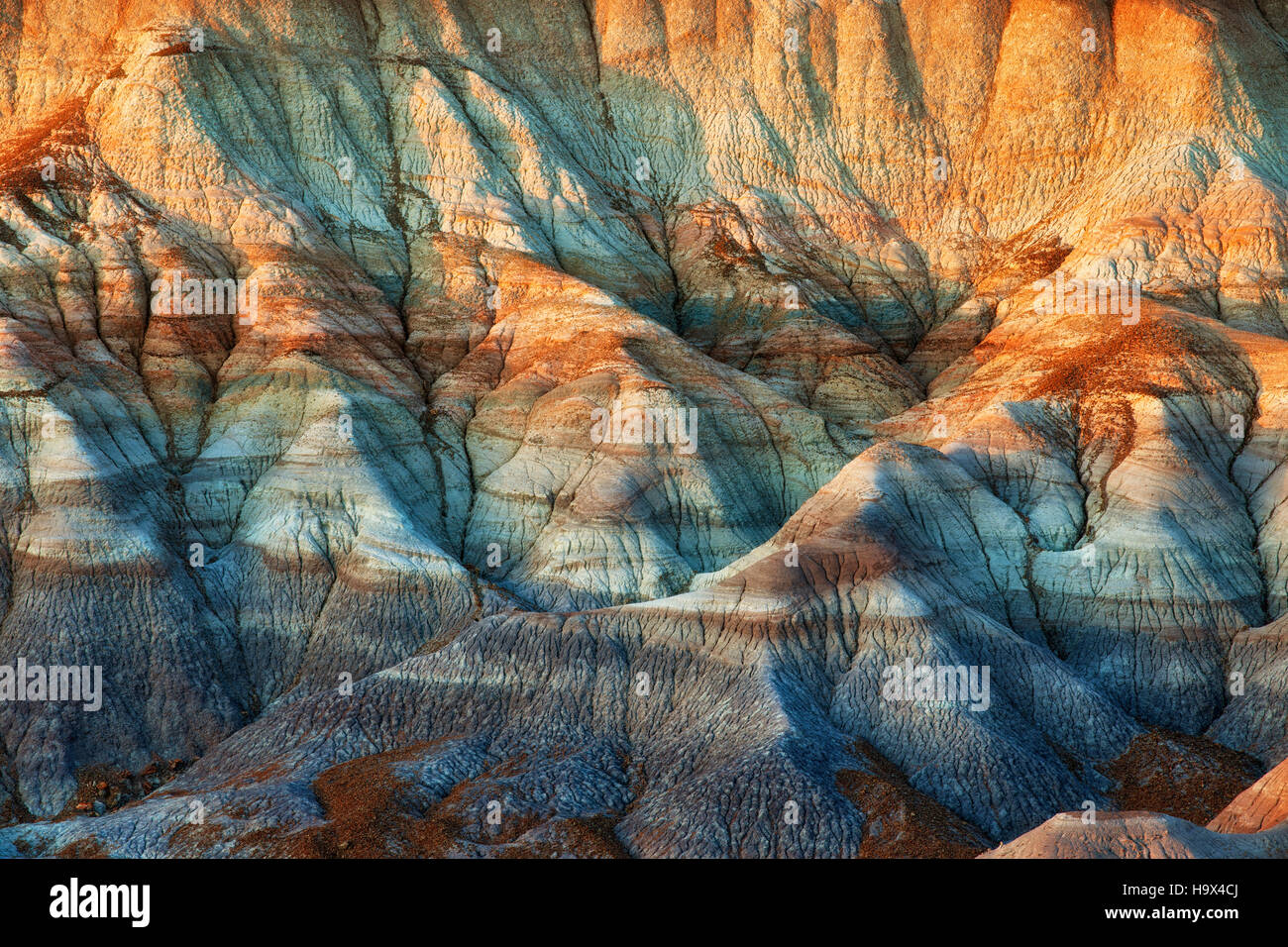 Letztes Licht taucht die farbenfrohen Badlands von Blue Mesa in Arizona Petrified Forest National Park. Stockfoto
