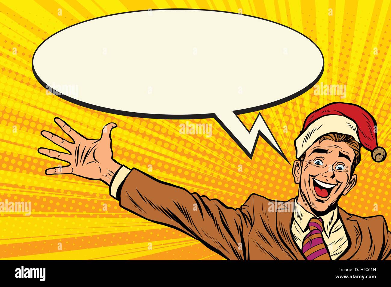 Hallo Geschäftsmann Weihnachtsüberraschung. Pop-Art-Retro-Vektor-illustration Stock Vektor