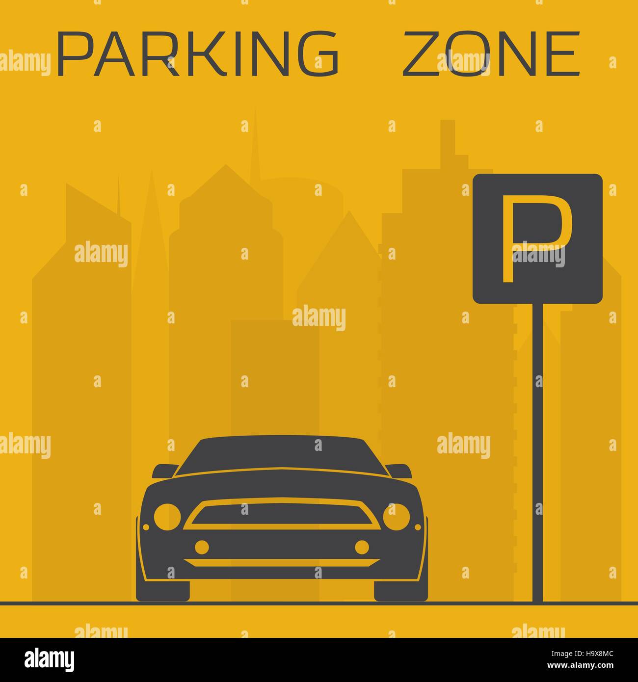Gelb und schwarz, die einfache Darstellung Zone parken. Sportauto auf Wolkenkratzer Hintergrund in der Nähe von Parkplatz Zeichen. Stock Vektor