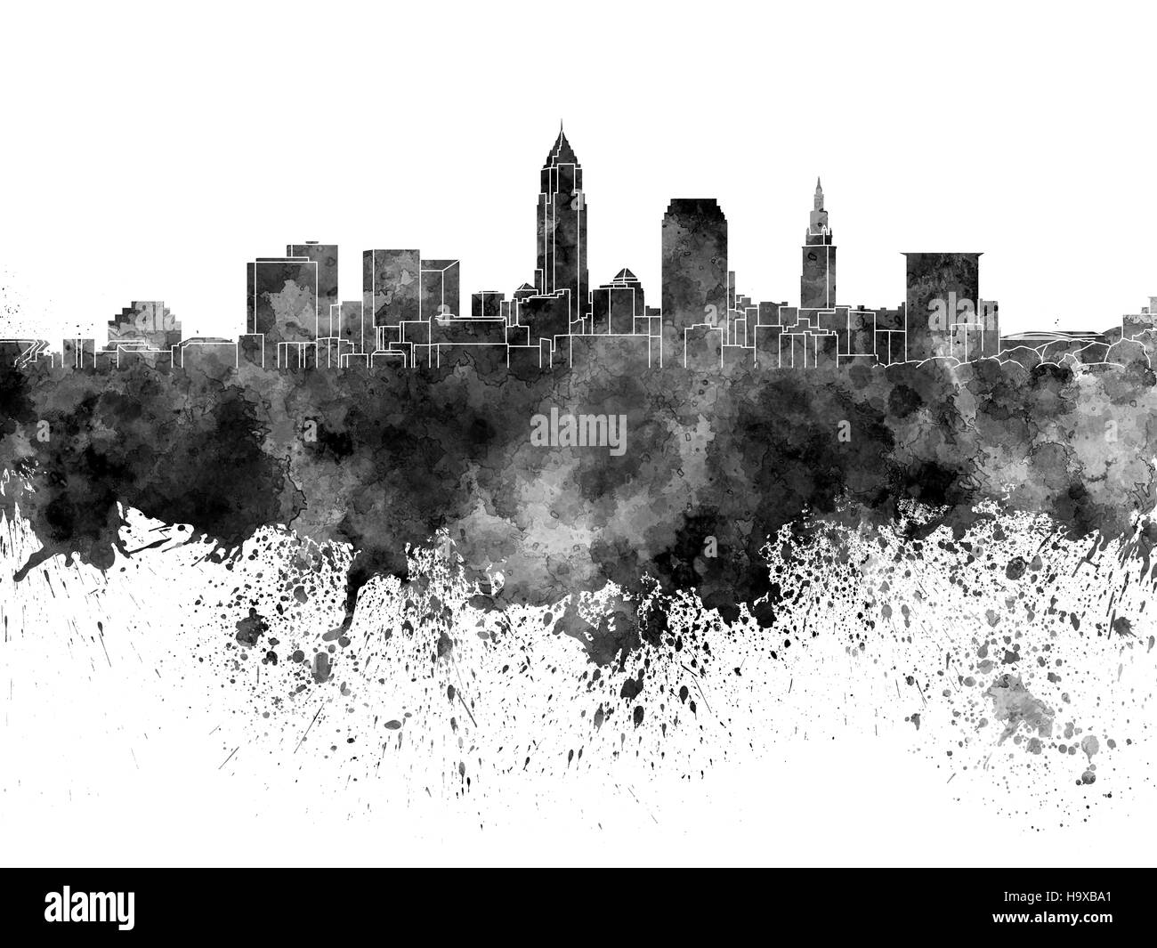 Cleveland-Skyline im schwarzen Aquarell auf weißem Hintergrund Stockfoto