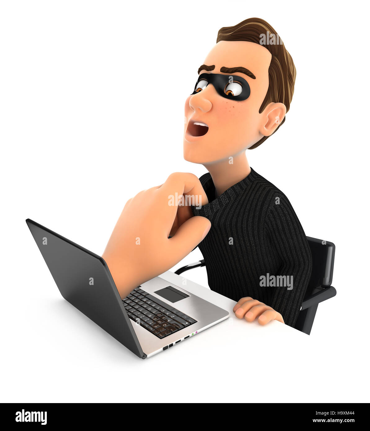 3D große Hand Fang Hacker durch einen Laptop, Abbildung mit isolierten weißen Hintergrund Stockfoto