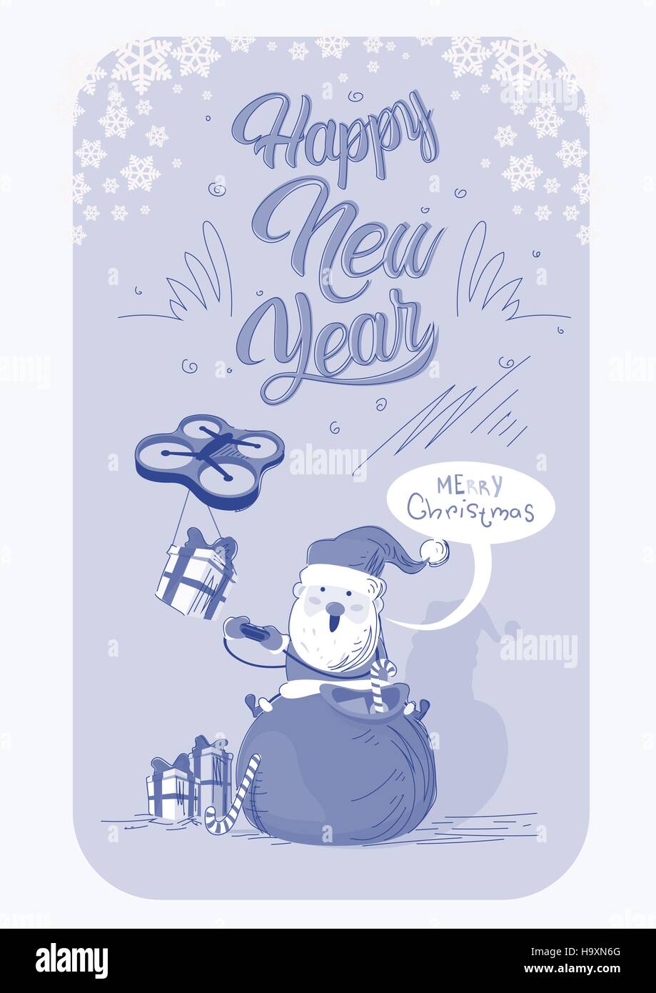 Santa Claus sitzen auf roten Sack Drone Lieferung vorhanden, neue Jahr Weihnachtsurlaub Stock Vektor