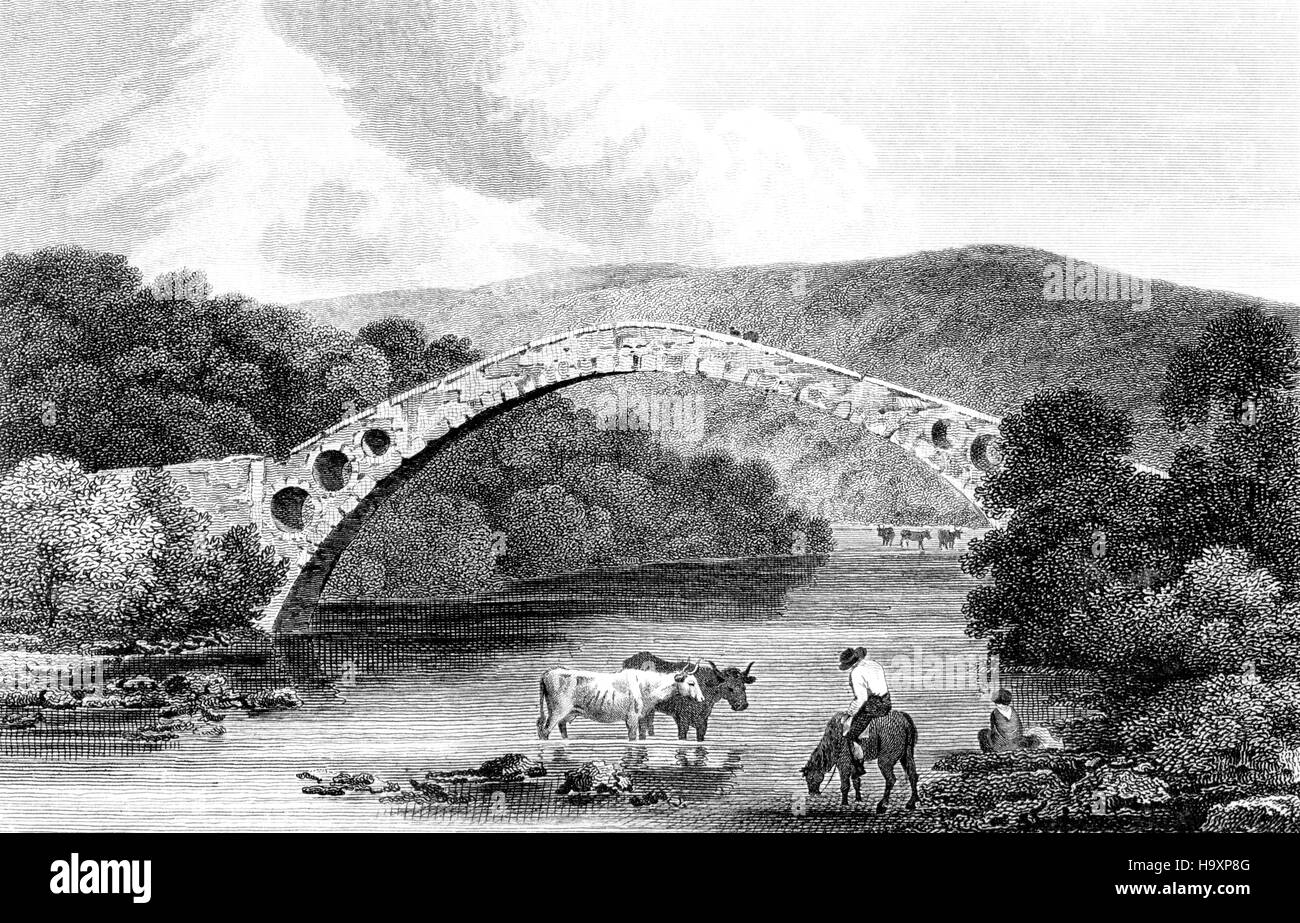 Eine Gravur der neuen Brücke oder Pont y Prydd (Pontypridd) gescannt Glamorganshire in hoher Auflösung aus einem Buch, gedruckt im Jahre 1812. Stockfoto