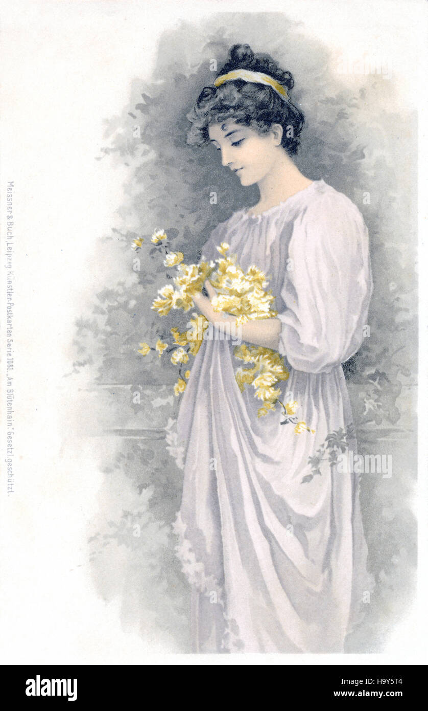 Anfang des zwanzigsten Jahrhunderts Jugendstil Postkarte einer Edwardian Dame im gelben Kleid, eingeschrieben Veni Vidi Vici. Stockfoto