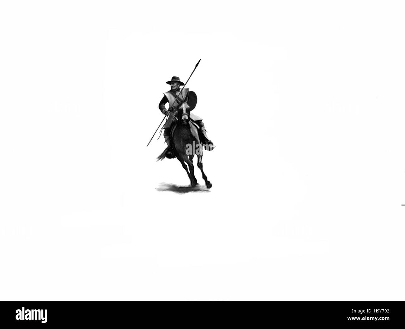 Eine Illustration von Wade Cox zeigt einen berittenen Soldado oder Soldaten auf dem Pferd, der historische Themen der frühen Erkundung Nordamerikas reflektiert. Das Kunstwerk beleuchtet die Rolle der Soldaten in der amerikanischen Geschichte und dem Erbe des Nationalparks. Stockfoto