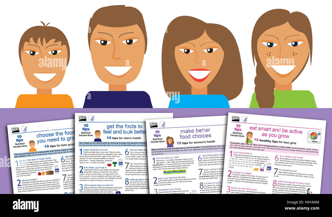 Dieses Bild bietet hilfreiche Tipps für Jugendliche und Erwachsene zu gesundem Leben und Wellness, präsentiert von der HRSA und HHS. Er betont die Bedeutung wissenschaftlich fundierter Praktiken für das Wohlbefinden und hebt die Rolle der Nationalparks bei der Förderung der körperlichen und geistigen Gesundheit durch Aktivitäten im Freien hervor. Stockfoto