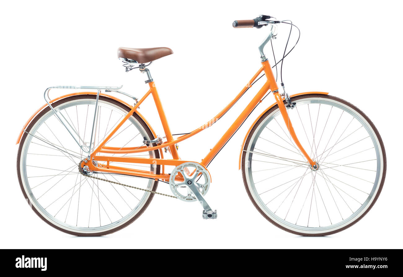 Stilvolle Damen orange Fahrrad isoliert auf weißem Hintergrund Stockfoto