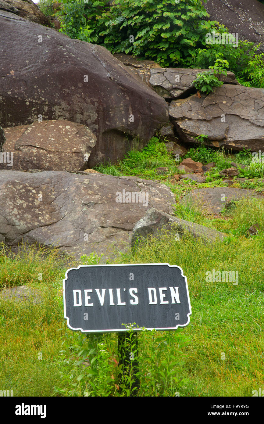 Des Teufels Höhle Zeichen, Gettysburg National Military Park, Pennsylvania Stockfoto