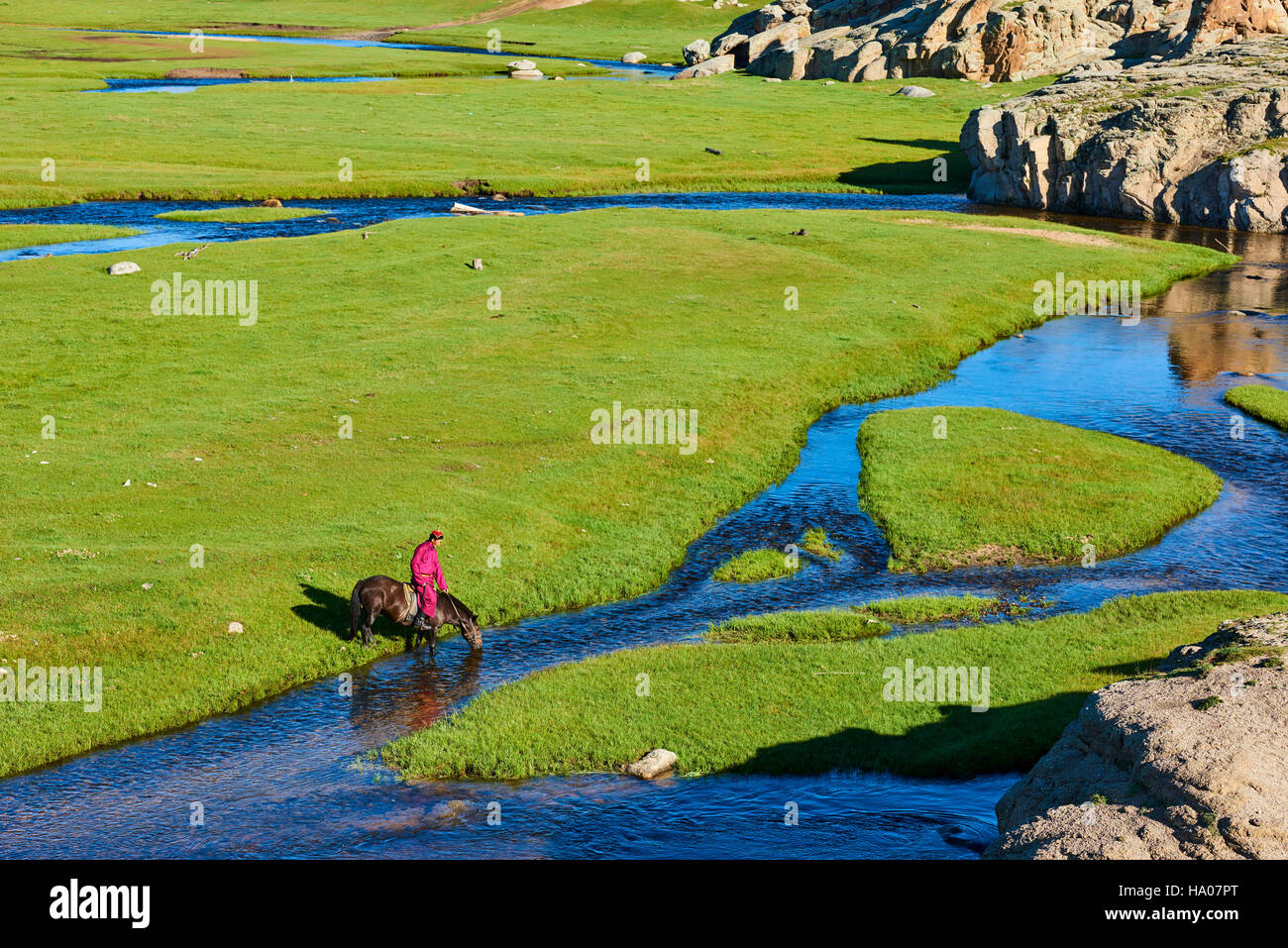 Mongolei, Provinz Arkhangai, mongolische Horserider in der steppe Stockfoto