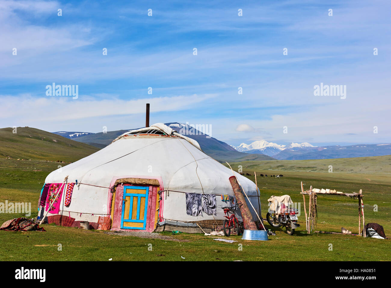 Mongolei, Bayan-Ulgii Provinz, westlichen Mongolei, National Parc des Tavan Bogd, die 5 höchsten Gipfel des Altai-Gebirges, Nomadencamp des kasachischen Peopl Stockfoto