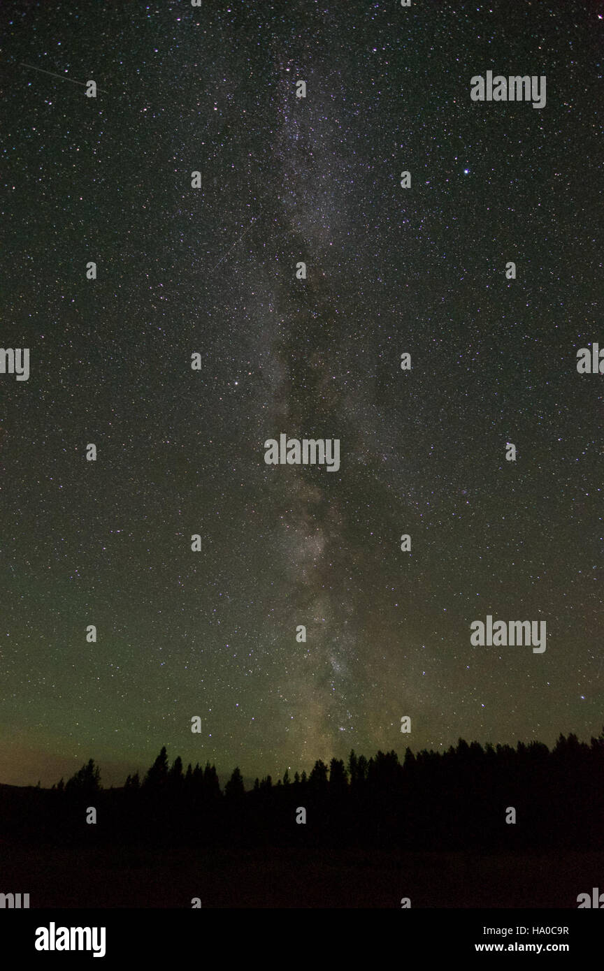 Ein atemberaubender Blick auf die Milchstraße über Big Prairie im Glacier National Park. Diese Astrofotografie zeigt den dunklen Himmel und die natürliche Schönheit des Parks. Stockfoto