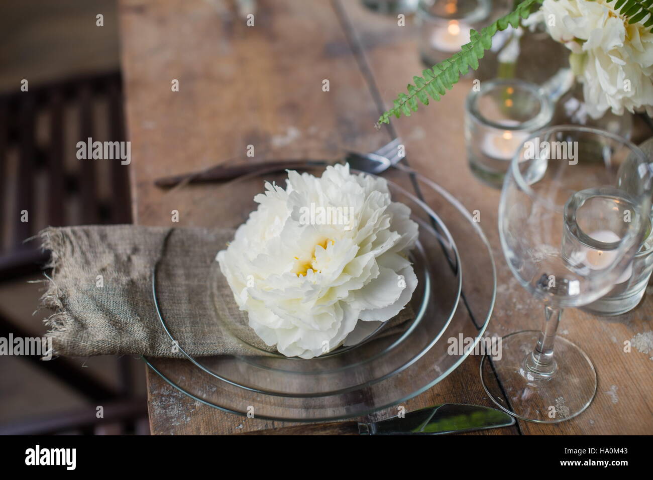 Schöne rustikale Hochzeitstafel geschmückt mit schönen weißen David Austin Rosen und Kerzen in Glashaltern. Seltene romantische Blumen auf Tellern anrichten. Loft-Stil Stockfoto