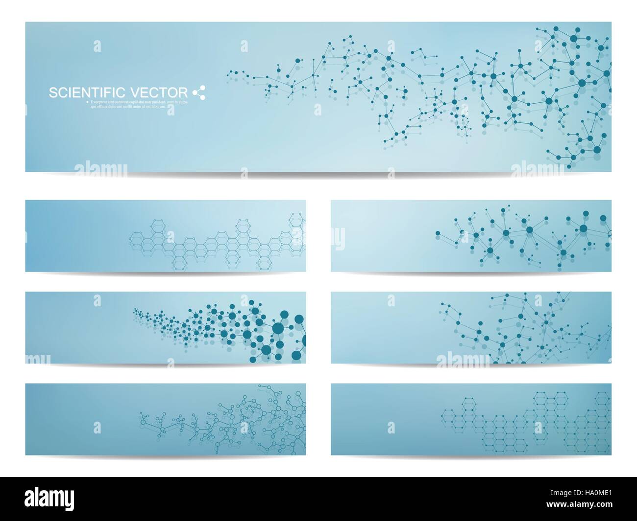 Satz von modernen wissenschaftlichen Banner. DNA-Molekül Struktur und Neuronen. Zusammenfassung Hintergrund. Medizin, Wissenschaft, Technik. Vektor-Illustration für Ihre Stock Vektor
