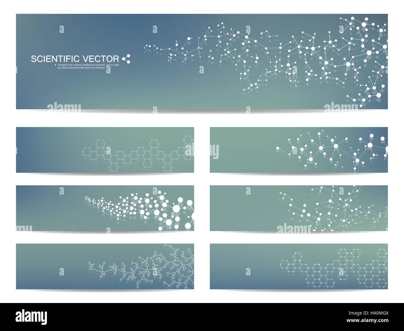 Satz von modernen wissenschaftlichen Banner. DNA-Molekül Struktur und Neuronen. Zusammenfassung Hintergrund. Medizin, Wissenschaft, Technik. Vektor-Illustration für Ihre Stock Vektor