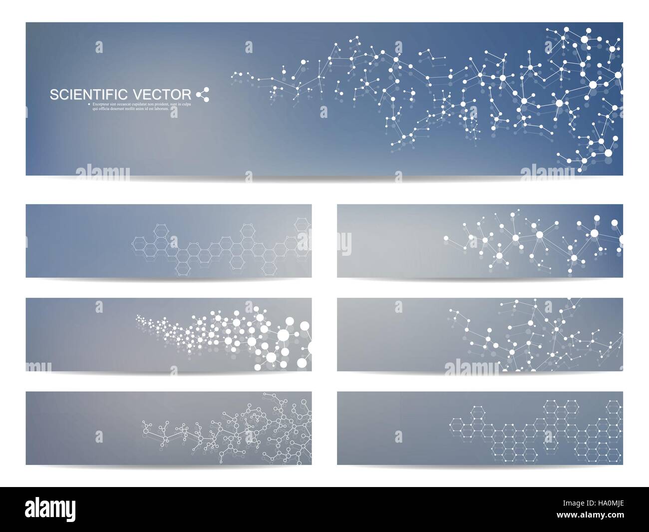 Satz von modernen wissenschaftlichen Banner. DNA-Molekül Struktur und Neuronen. Zusammenfassung Hintergrund. Medizin, Wissenschaft, Technik. Vektor-Illustration für Ihre Stock Vektor