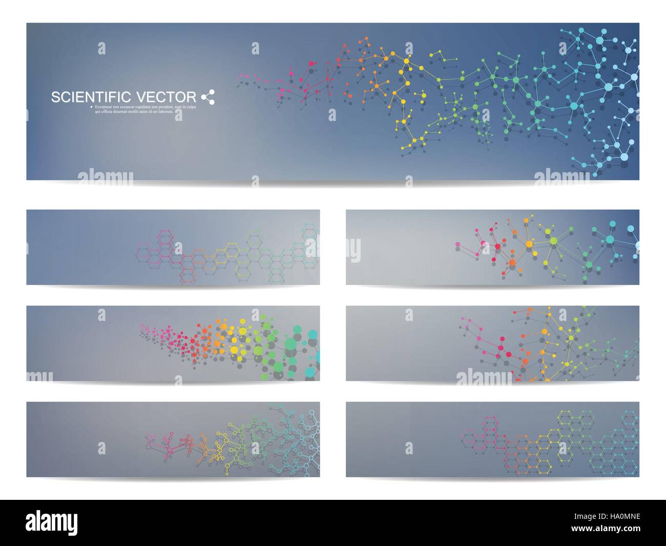 Satz von modernen wissenschaftlichen Banner. DNA-Molekül Struktur und Neuronen. Zusammenfassung Hintergrund. Medizin, Wissenschaft, Technik. Vektor-Illustration für Ihre Stock Vektor