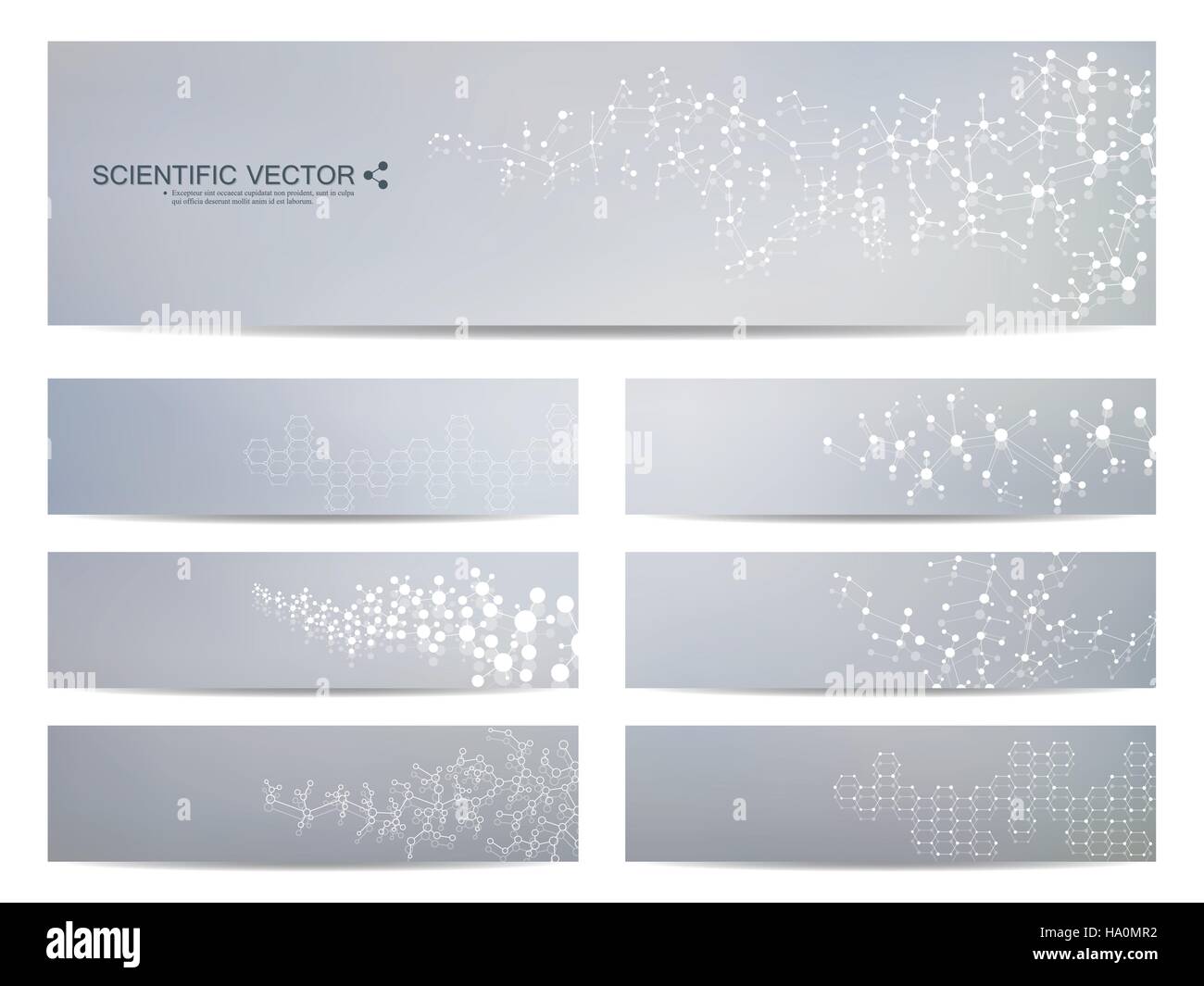 Satz von modernen wissenschaftlichen Banner. DNA-Molekül Struktur und Neuronen. Zusammenfassung Hintergrund. Medizin, Wissenschaft, Technik. Vektor-Illustration für Ihre Stock Vektor