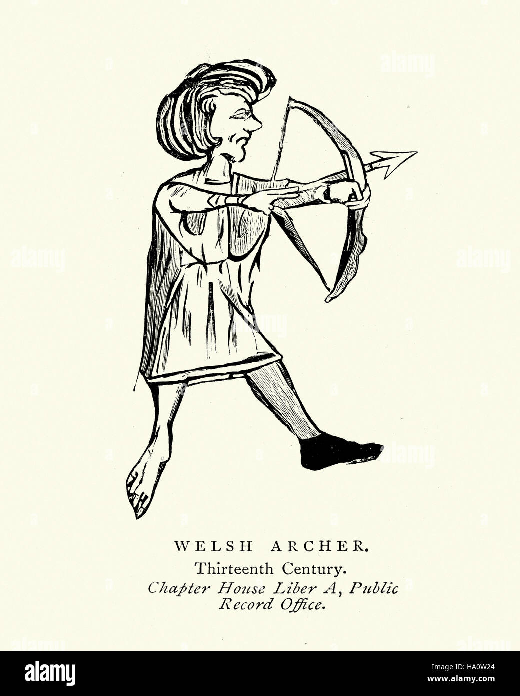 Mittelalterliche Zeichnung von walisischen Bogenschützen aus dem 13. Jahrhundert Stockfoto