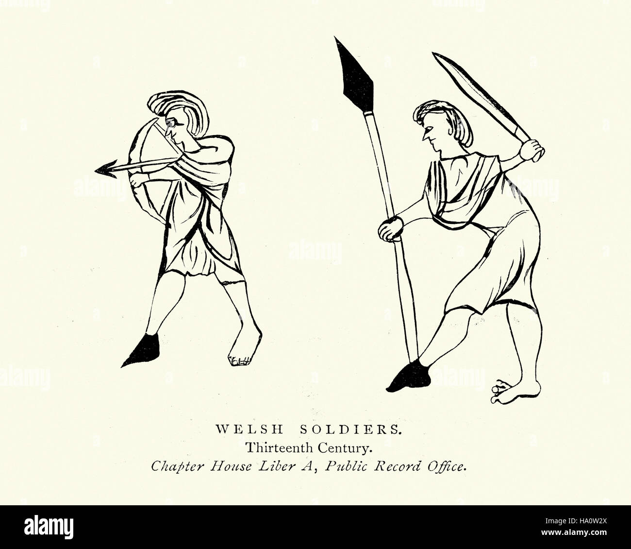 Mittelalterliche Zeichnung des walisischen Soldaten des 13. Jahrhunderts Stockfoto