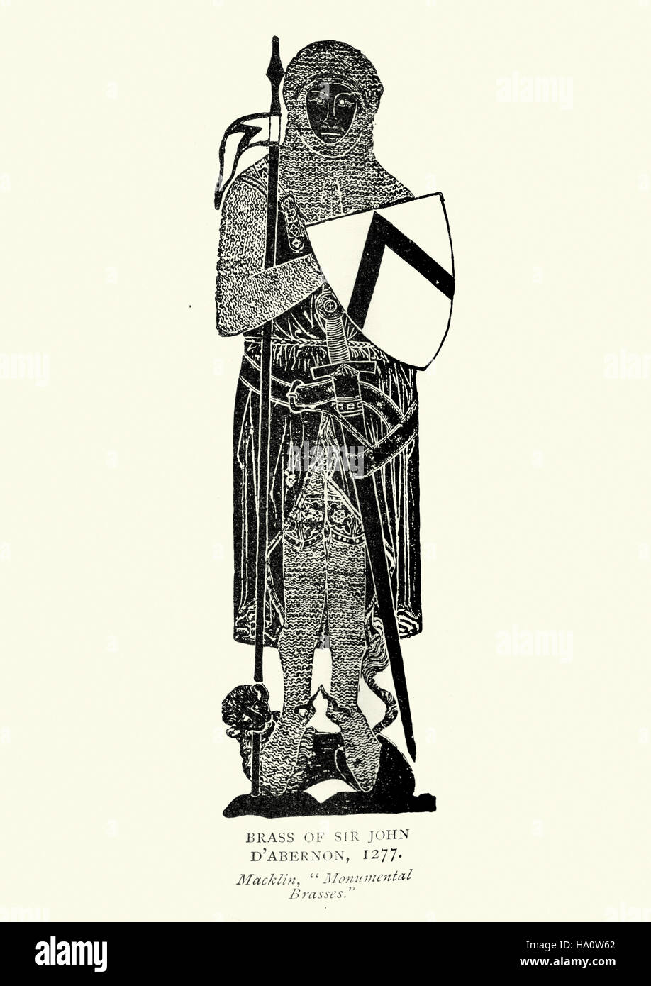 Messing von Sir John D Abernon, 1277. Ein Ritter in Rüstung Kettenhemd, Lnace, Schwert und Schild. Stockfoto