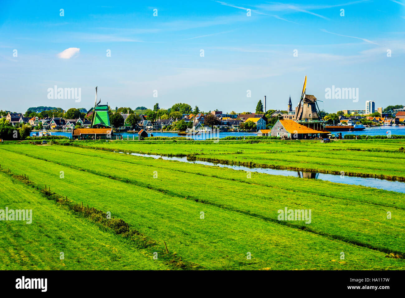 Typische holländische Landschaft mit Feldern, Kanälen und holländischen Windmühle im historischen Dorf Zaanse Schans zu öffnen, in den Niederlanden Stockfoto