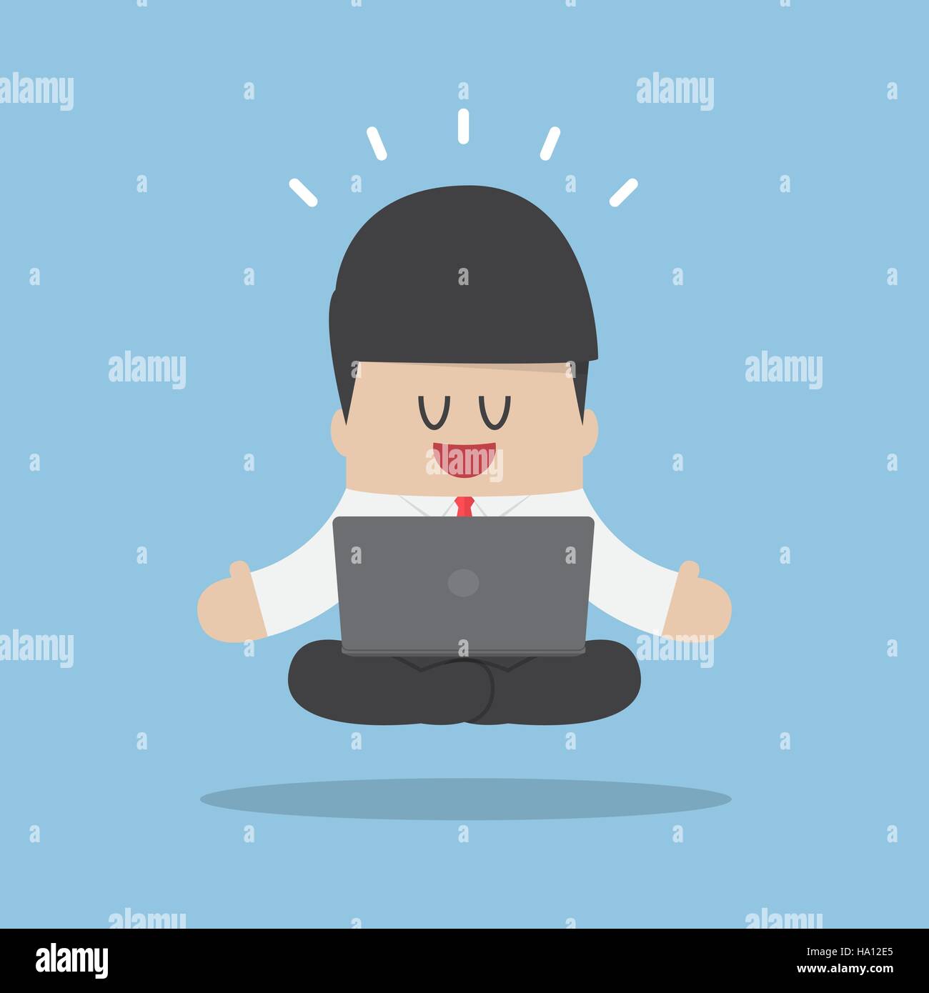 Geschäftsmann meditieren bei der Arbeit mit Laptop und schweben in Yogaposition, entspannen, Meditation und Entspannung-Konzept Stock Vektor