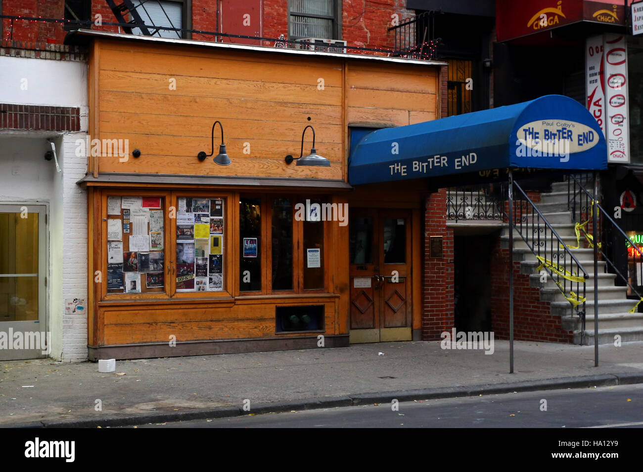 Das bittere Ende, 147 Bleecker St, New York, NY. aussen Storefront eines Music Club in der Nähe von Greenwich Village in Manhattan. Stockfoto