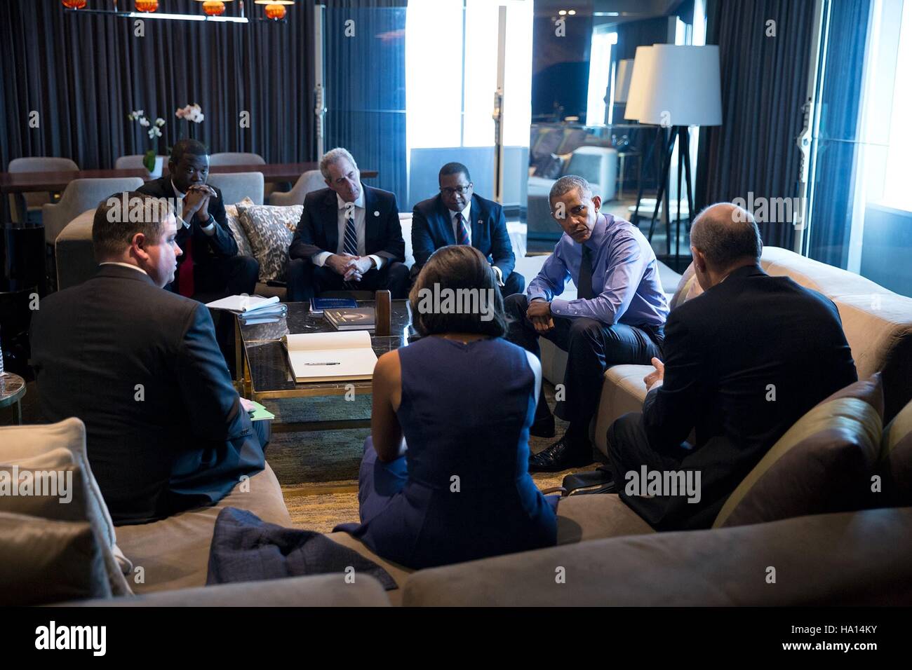 US-Präsident Barack Obama trifft sich mit leitenden Mitarbeitern im JW Marriott Hotel Lima 19. November 2016 in Lima, Peru. Stockfoto