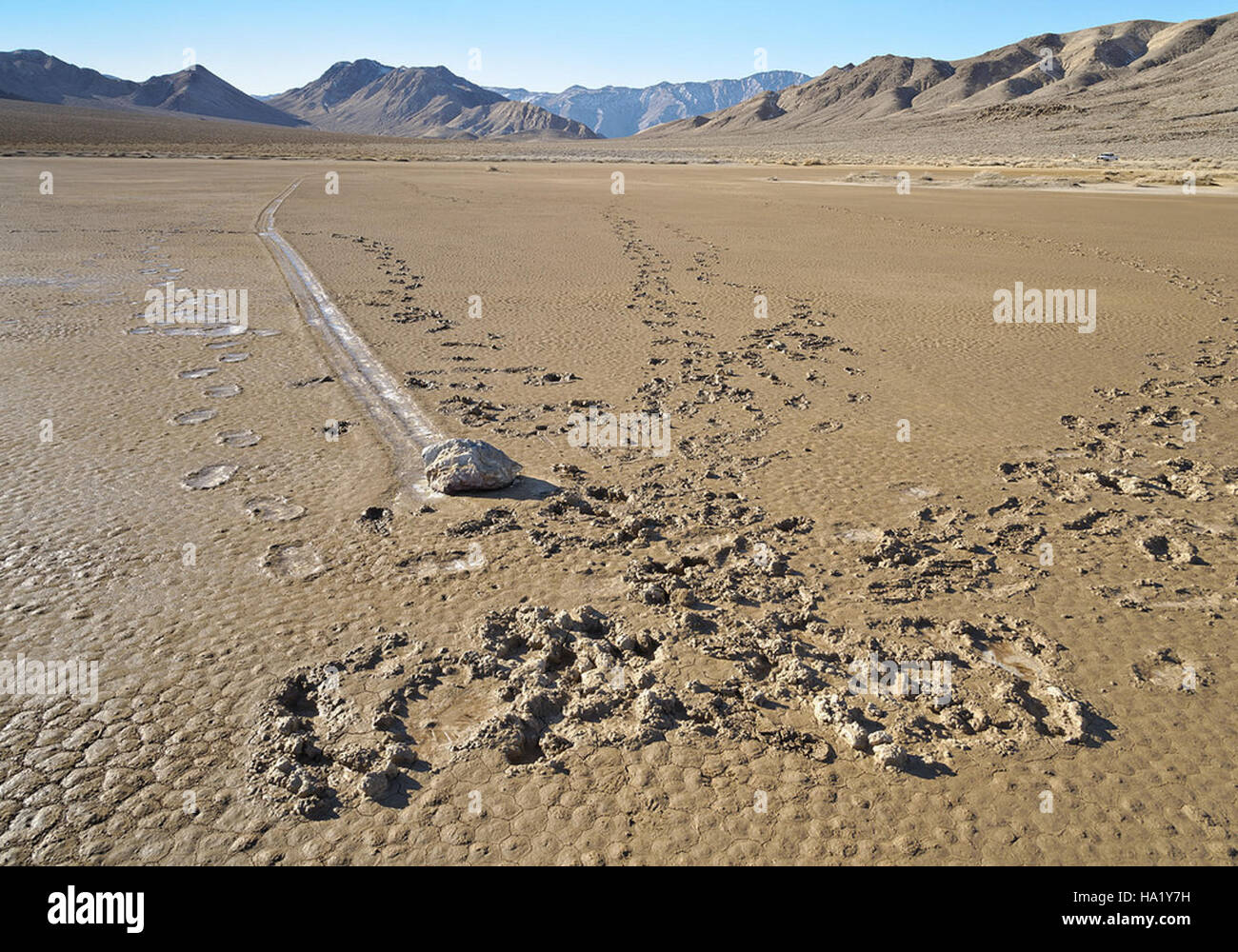 Fußspuren auf der Rennstrecke im Death Valley National Park, Kalifornien, sind ein natürliches Phänomen, bei dem sich Felsen über den Wüstenboden zu bewegen scheinen und Spuren hinterlassen. Diese beweglichen Felsen, die durch eine einzigartige Kombination aus Wind und Eis entstehen, schaffen eine atemberaubende visuelle Darstellung auf der trockenen, gerissenen Erde. Stockfoto
