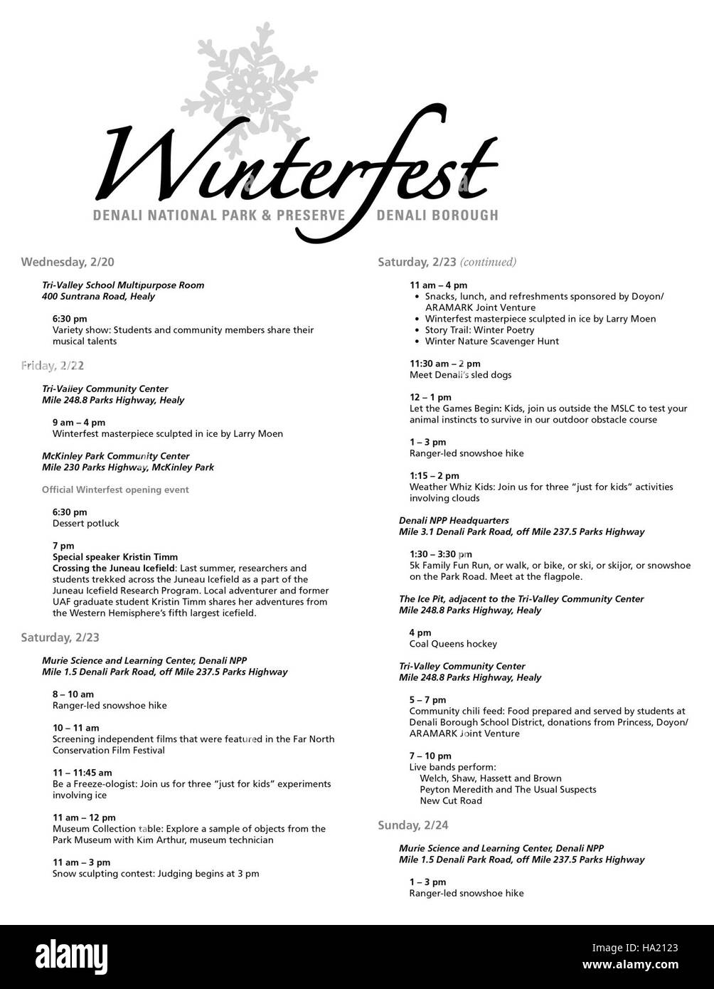 Das Winterfest 2013 im Denali National Park präsentierte die Winterwildnis des Parks und bot Besuchern die Möglichkeit, saisonale Wildtiere und Outdoor-Aktivitäten in der winterlichen Umgebung Alaskas zu erleben. Stockfoto
