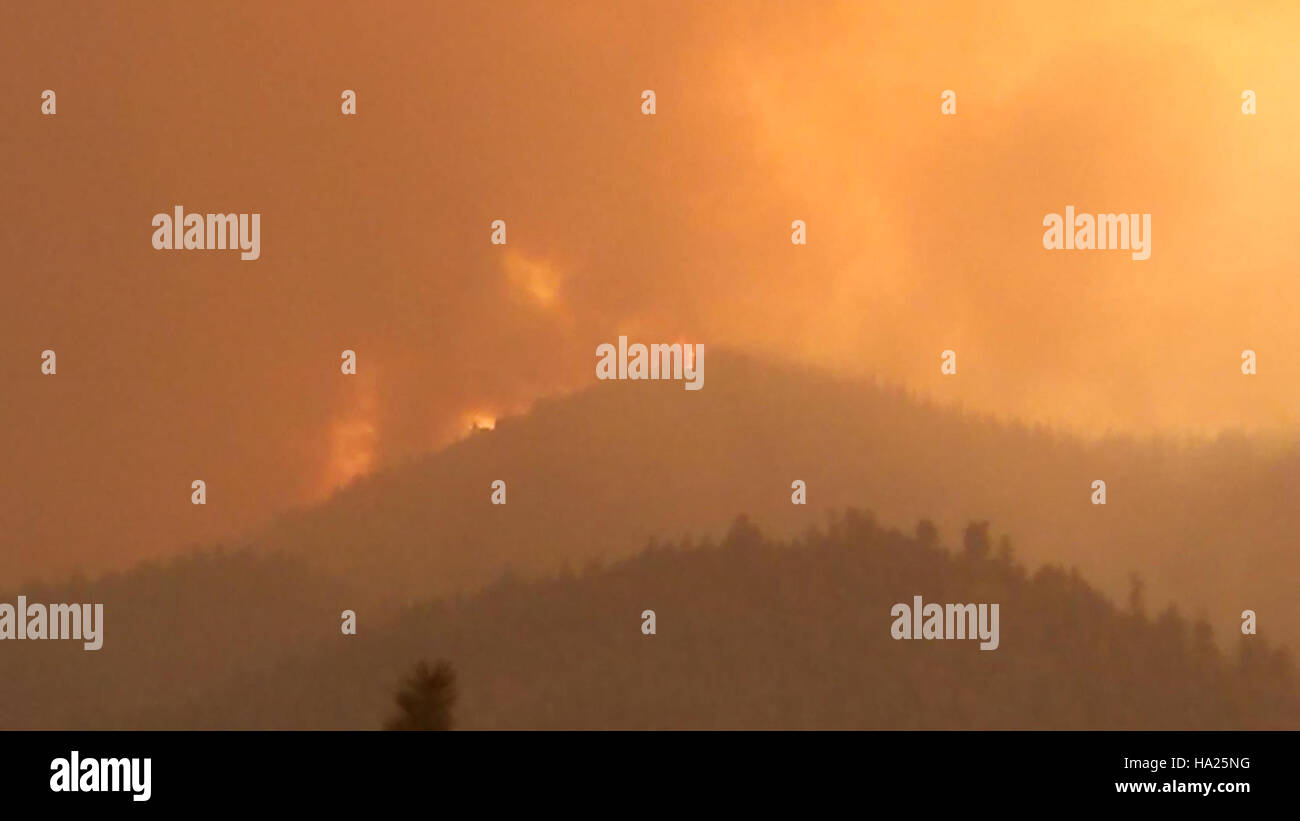 Ein Waldbrand in der Landschaft Oregons zeigt die natürlichen Gefahren in den Ökosystemen des Bundesstaates. Waldbrände kommen in Oregon häufig vor und beeinträchtigen die Wälder, die Tierwelt und die Luftqualität. Das Feuer wird von den örtlichen Behörden und den Parkdiensten kontrolliert, um seine Ausbreitung zu kontrollieren und den Schaden zu minimieren. Stockfoto