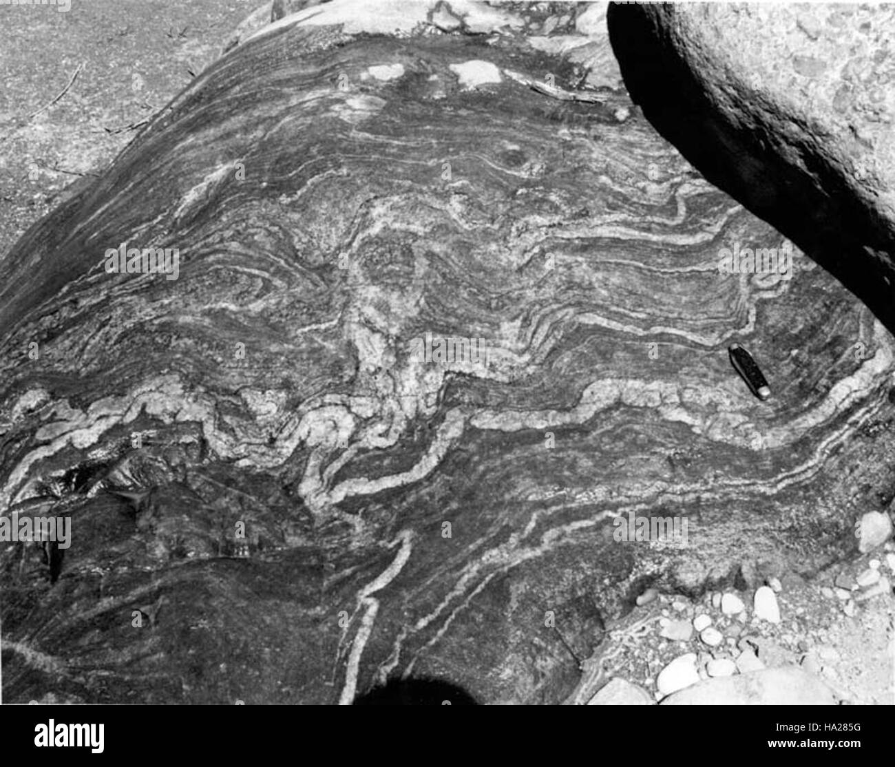 Dieses Bild aus dem Jahr 1955 zeigt die berühmte Geologie des Grand Canyon mit Granit- und Schiefergesteinsformationen. Die geologischen Besonderheiten des Grand Canyon bieten wichtige Einblicke in die Naturgeschichte und geologische Prozesse der Erde. Stockfoto