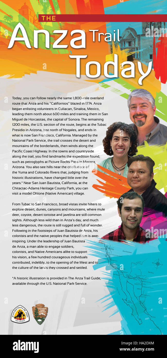 Der Anza Trail, eine historische Route durch den Südwesten der Vereinigten Staaten, zeigt auf englischsprachigen Tafeln Informationen über die Reise von Juan Bautista de Anza. Diese Tafeln geben einen Einblick in die historische Bedeutung des Weges. Stockfoto